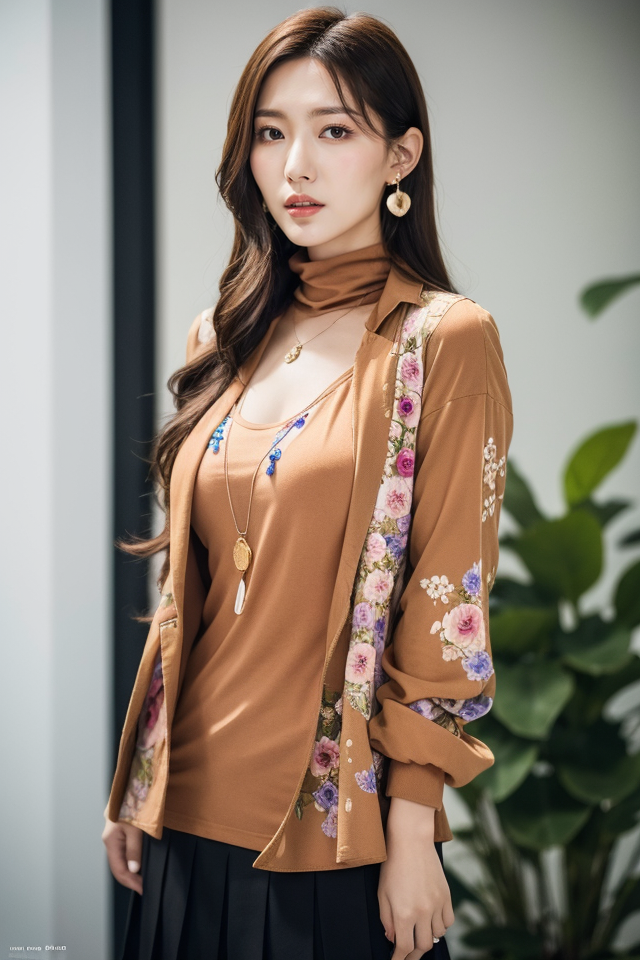 Li Yunsi,1girl,pleated skirt,jewelry,turtleneck,earrings,brown hair,necklace,long hair,brown eyes,(floral shirt:1.2),shirt...